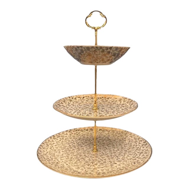 1950s Three Tier Tidbit Platter by Homer Laughlin in 22 Kt Gold For Sale