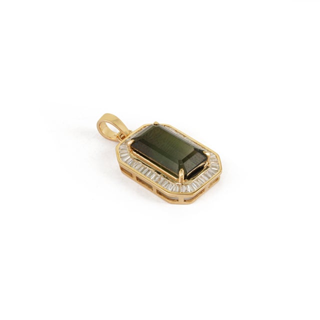 American 5.5ct Emerald Cut Green Tourmaline & Baguette Diamond Pendant in 14k Yellow Gold For Sale - Image 3 of 12