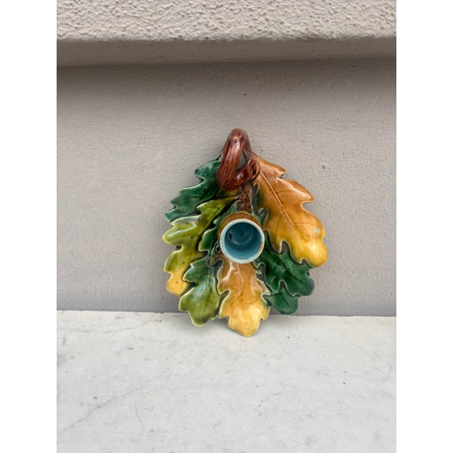 French Majolica Oak Leaves Candelstick Luneville Circa 1890.