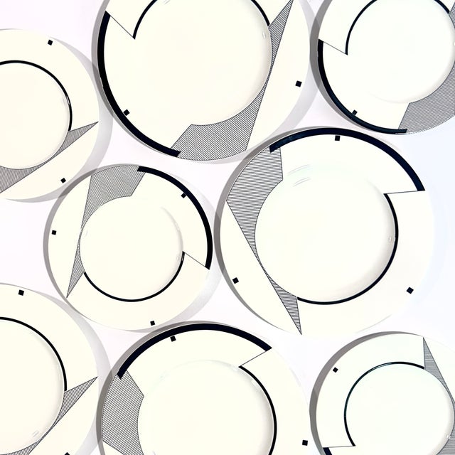 Ceramic Glorious Postmodern Black & White Geometric ‘Angles’ Dinner & Side Plates by Christopher Stuart Circa 1995 - Place Settings for 4 / 8 Pieces For Sale - Image 7 of 13