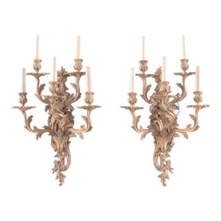 Pair of French Louis XV Style Five-Light Gilt Brass Sconces For Sale