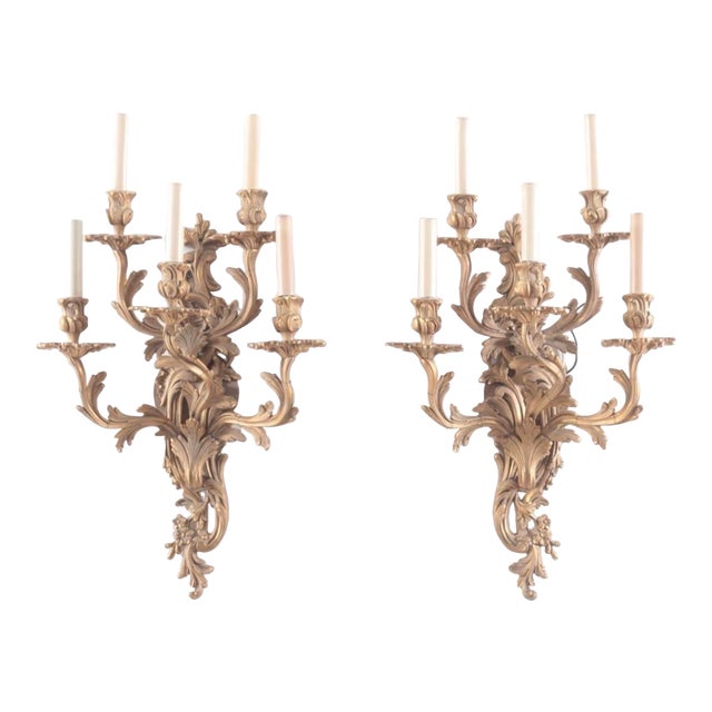 Pair of French Louis XV Style Five-Light Gilt Brass Sconces For Sale