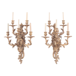 Pair of French Louis XV Style Five-Light Gilt Brass Sconces