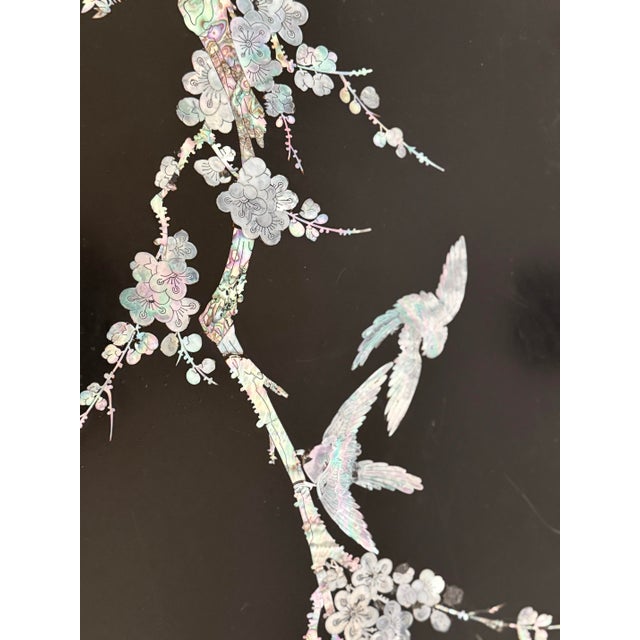 Wood Vintage Chinese Black Lacquer Oval Coffee Table – Mother of Pearl Inlay Chinoiserie For Sale - Image 7 of 8