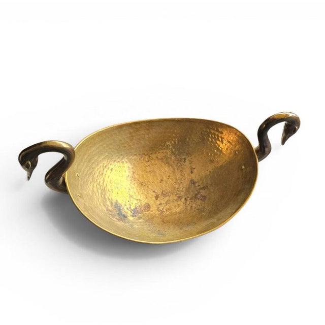 Metal Oval Beaten Brass Dish with Swan Handles For Sale - Image 7 of 8