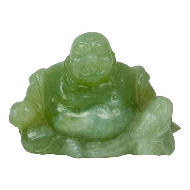 Chinese Carved Green Jade Maitreya Laughing Buddha Figure For Sale