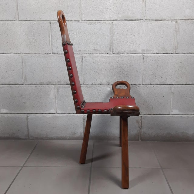 Set of Spanish Brutalist Chair in Wood & Red Leather, 1960s For Sale - Image 10 of 18