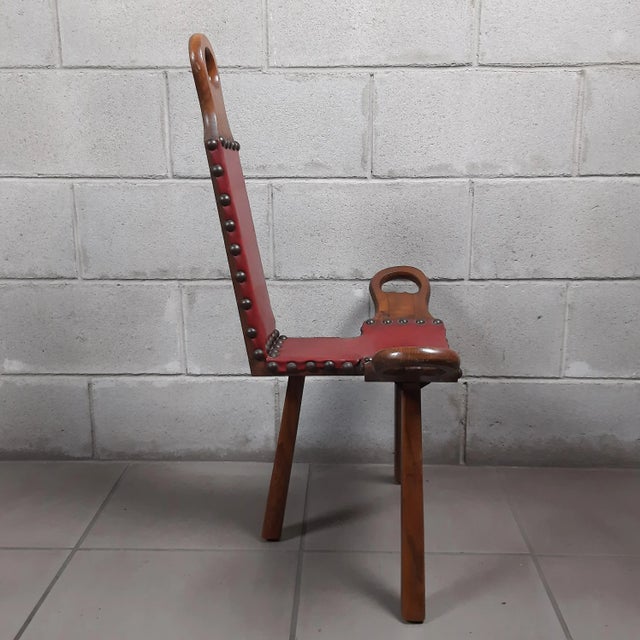 Spanish Brutalist Chair in Wood & Red Leather, 1960s, Set of 2 For Sale - Image 10 of 18