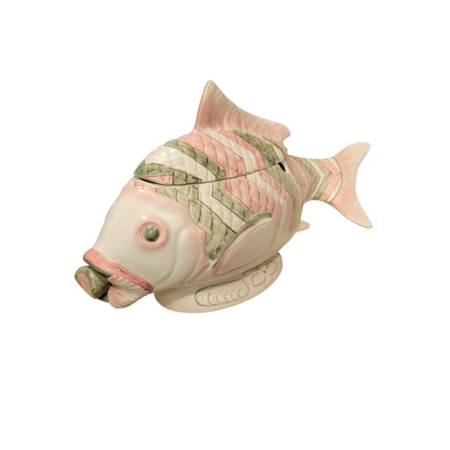 Vintage Italian Ceramic Large Pink Green Fish Form Regency Soup Tureen Covered Serving Dish For Sale - Image 10 of 14