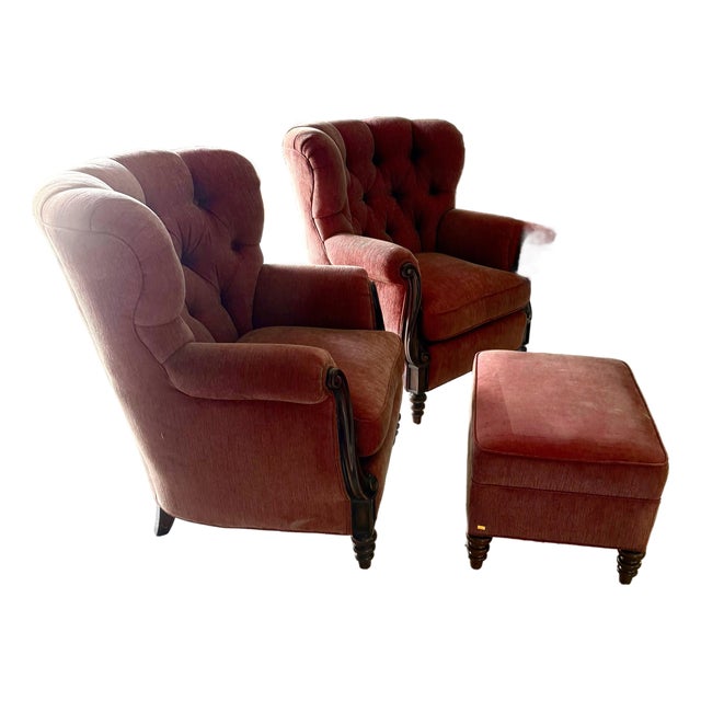1980s French Napoleon III Wingback Armchairs and Ottoman For Sale