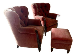 1980s French Napoleon III Wingback Armchairs and Ottoman