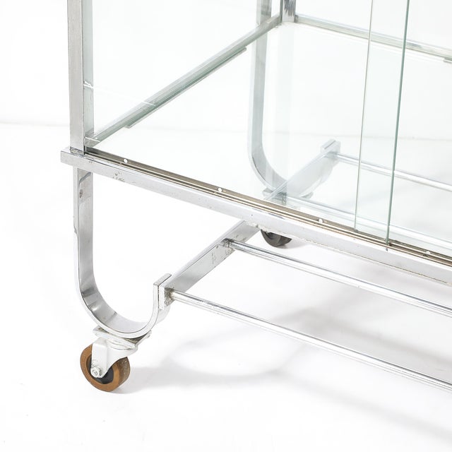 1940s Art Deco Polished Nickel Two-Tier Serving Cart W/ Glass Doors by Treitel & Gratz For Sale - Image 5 of 13