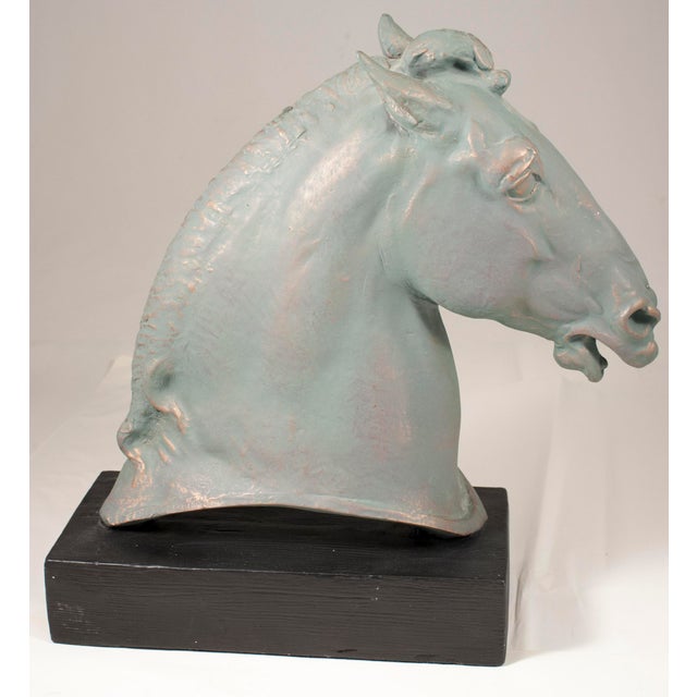 This is a ceramic or plaster Verde Horse Head Sculpture on Black Base Attribute to Paul Wayland Bartlett. This has a...