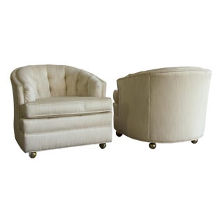 Pair, Rolling Cream Tufted Barrel Back Club Chairs on Brass Casters, 1970's For Sale