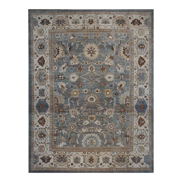 Afghan Wool Sultanabad Master 14 x 18 Grey-Blue, Ivory & Brown Handmade Area Rug #1143220 For Sale