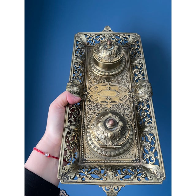 Antique Brass Double Inkwell Stand For Sale - Image 18 of 18