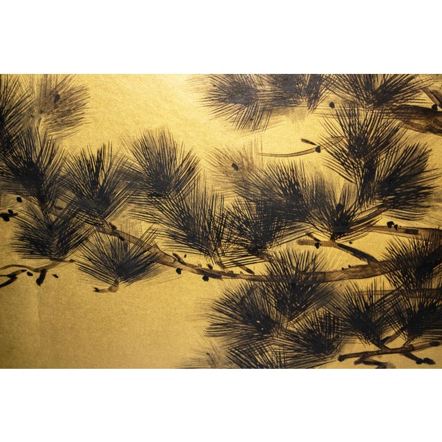 "Pine Tree" by Yukika, Late Showa Era Japanese Painted Byobu Screen For Sale - Image 12 of 18