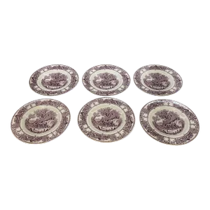 Antique 19th Century Purple Staffordshire Bread Plates, S/6