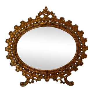 Antique Victorian Gilt Metal Table Mirror – Clover & Floral Frame – Rococo Revival / English Cottage For Sale