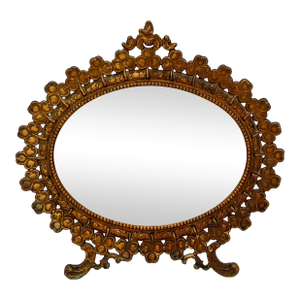 Antique Victorian Gilt Metal Table Mirror – Clover & Floral Frame – Rococo Revival / English Cottage