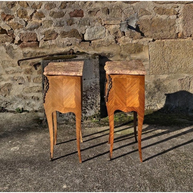 Brown Vintage Marquetry Nightstands in Marble and Wood, Set of 2 For Sale - Image 8 of 16