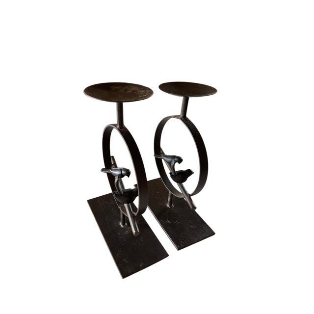 Pottery Barn Pair of Pottery Barn Heavy Iron Bird & Branch Pillar Candle Holders For Sale - Image 4 of 8