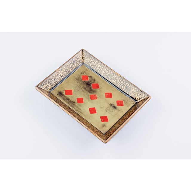 Late 19th Century Antique English Papier Mache Rectangular Tray in Black With Gold and Red Diamond Decor For Sale - Image 5 of 5