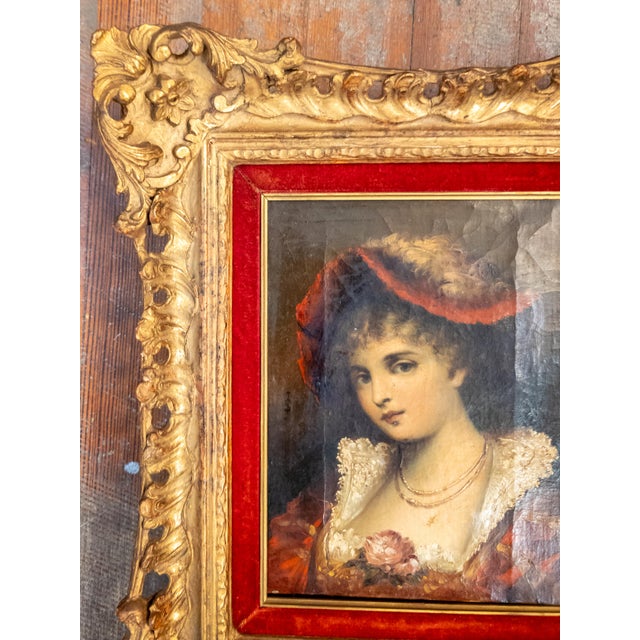 French 19th Century Continental European French Style Portrait Painting of a Lady in Red, Signed For Sale - Image 3 of 14