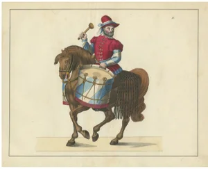 Drummer on Horseback in Medieval Attire, 1842, Paper