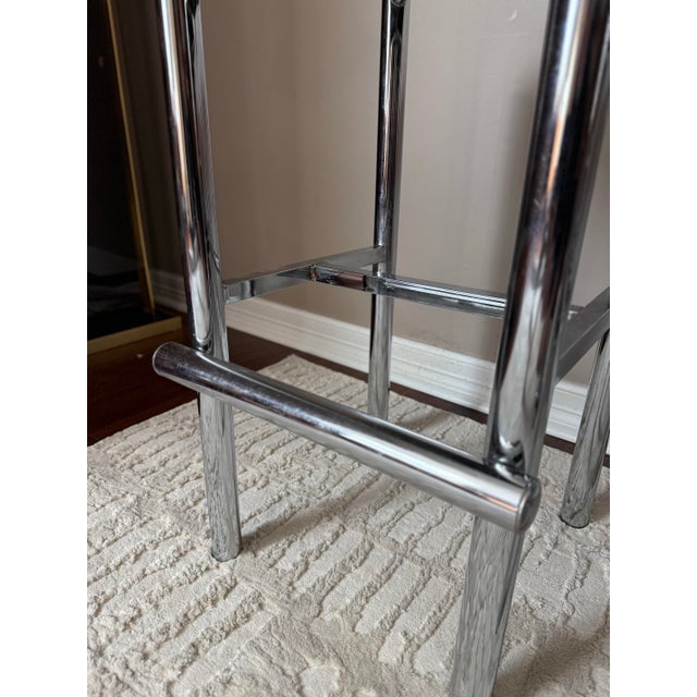Mid 20th Century Modernist Cal-Style Chrome Counter Height Bar Stools With Velvet Green Seats - Set of 3 For Sale - Image 9 of 12