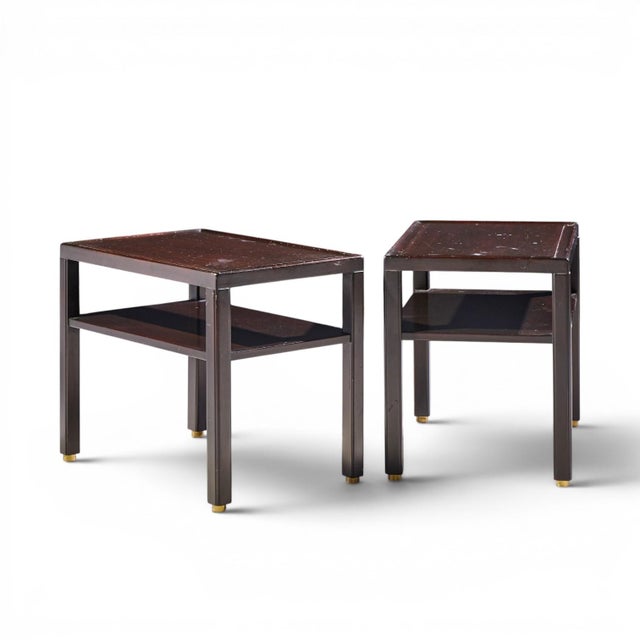 Edward Wormley for Dunbar Mid Century Mahogany and Brass Side End Tables - Pair Each side table measures: 18 wide x 27...