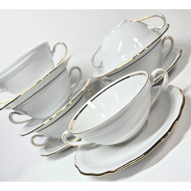 1950s Gold Rimmed China Cream Soup and Saucer Sets - Set of Twelve For Sale - Image 6 of 18