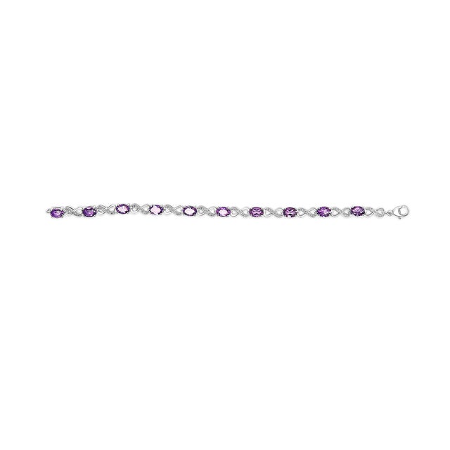 Contemporary .925 Sterling Silver Oval Purple Amethyst and Diamond Infinity Link Bracelet (I-J Color, I1-I2 Clarity) - 7" Inches For Sale - Image 3 of 5