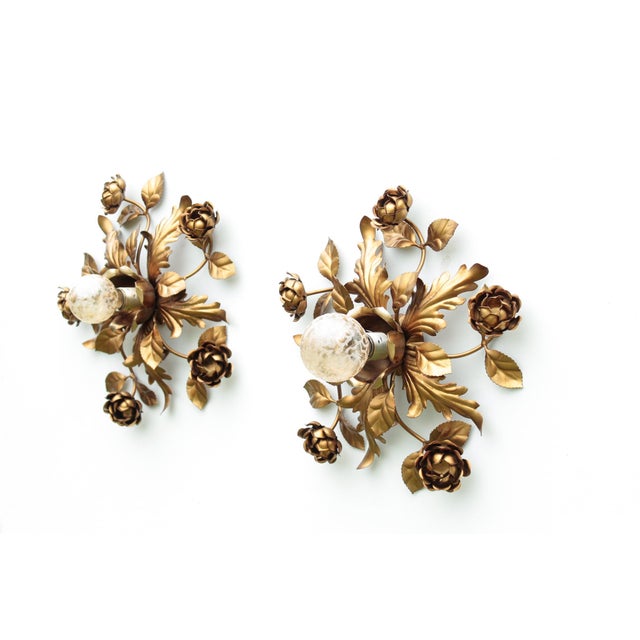 Gold-Plated Wall Lights with Roses, Italy, 1970s, Set of 2 For Sale - Image 4 of 9