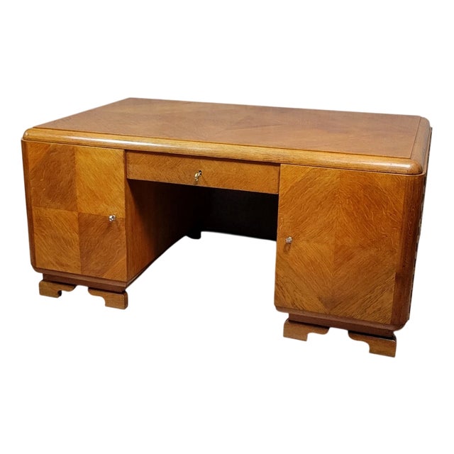 Art Deco Double-Sided Parquet Desk in Oak, 1940s For Sale