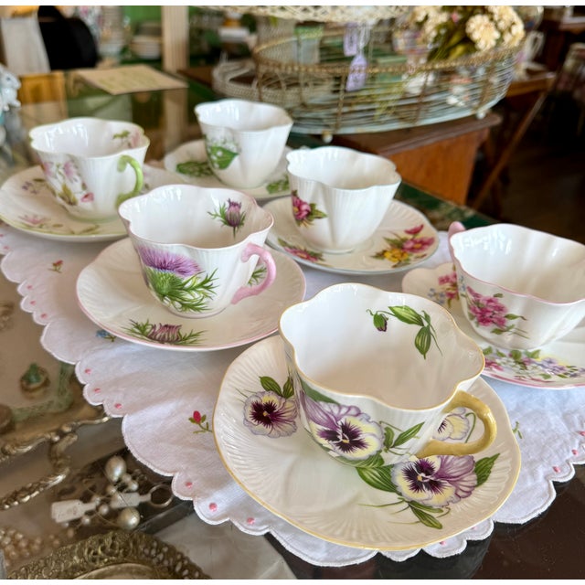 Shelley, English Porcelain Spring Flowers Set of 6 Teacups & Saucers For Sale - Image 13 of 15