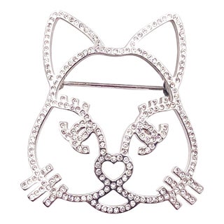 Chanel Silver Cat Round Square Princess Crystal Small Brooch For Sale