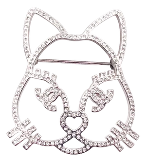 Chanel Silver Cat Round Square Princess Crystal Small Brooch