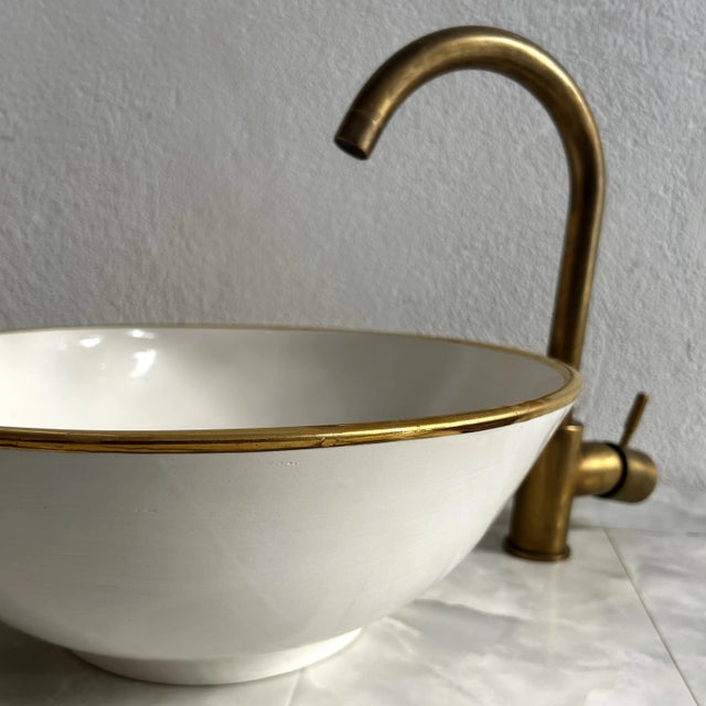 White Milk White Ceramic Sink With 14k Gold Rim Vessel Round Sink Bowl Basin With Drain For Sale - Image 8 of 8