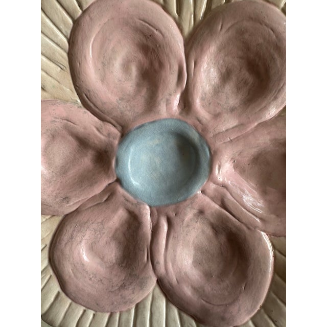 Vintage Hand-Painted Ceramic Oyster Serving Platter Pink Oyster Plate With Center Sauce Well Coastal Cottage Entertaining For Sale - Image 4 of 9