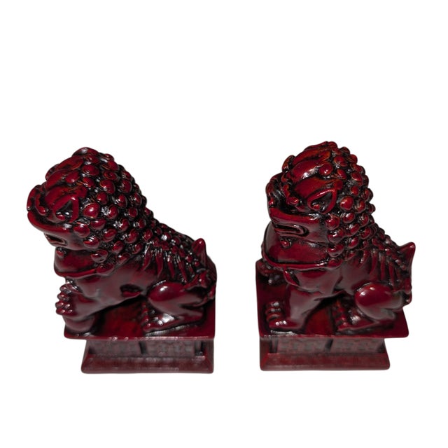 Pair of Vintage Cinnabar Chinese Guardian Lions or Foo Dogs For Sale - Image 4 of 5