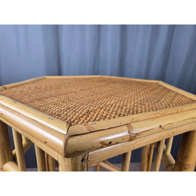 Wood Palm Beach Style Hexagon Bamboo, Rattan & Wicker Top Side End Table For Sale - Image 7 of 12