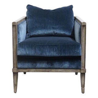 Vanguard Furniture Contemporary Modern Channel Stitched Slate Blue Velvet Upholstered Accent Arm Chair For Sale