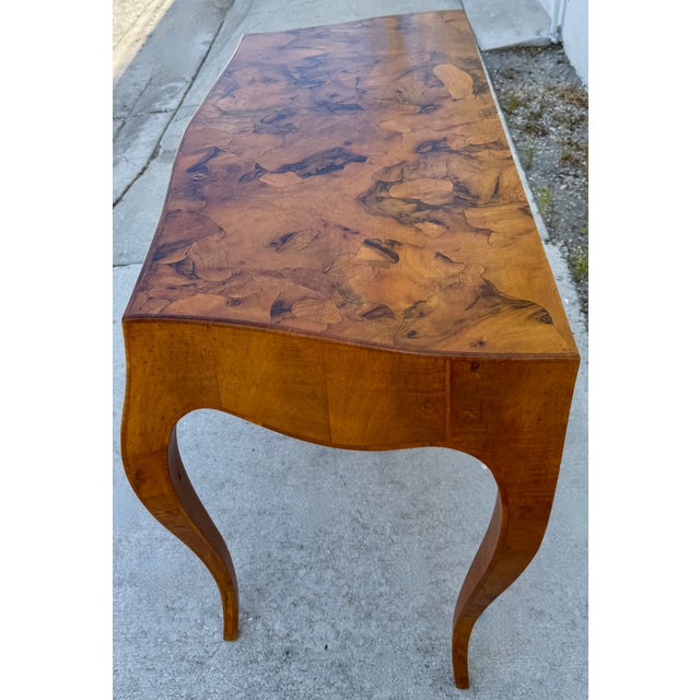 Brown 1970's Italian Regency Olive Burl Wood Writing Desk/Console Table For Sale - Image 8 of 14