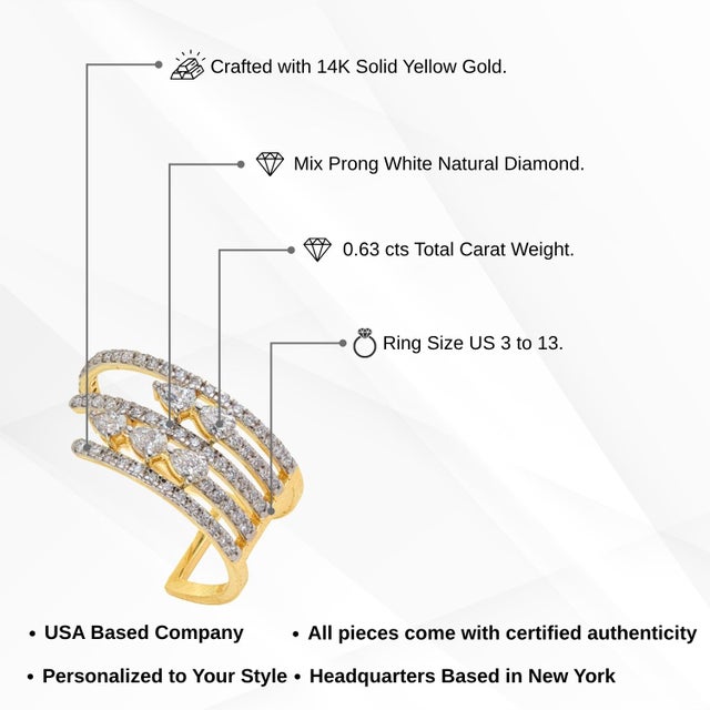 Luxury Multi-Row Diamond Open Cigar Cocktail Ring Size 5.5 in 14k Yellow Gold For Sale - Image 11 of 15
