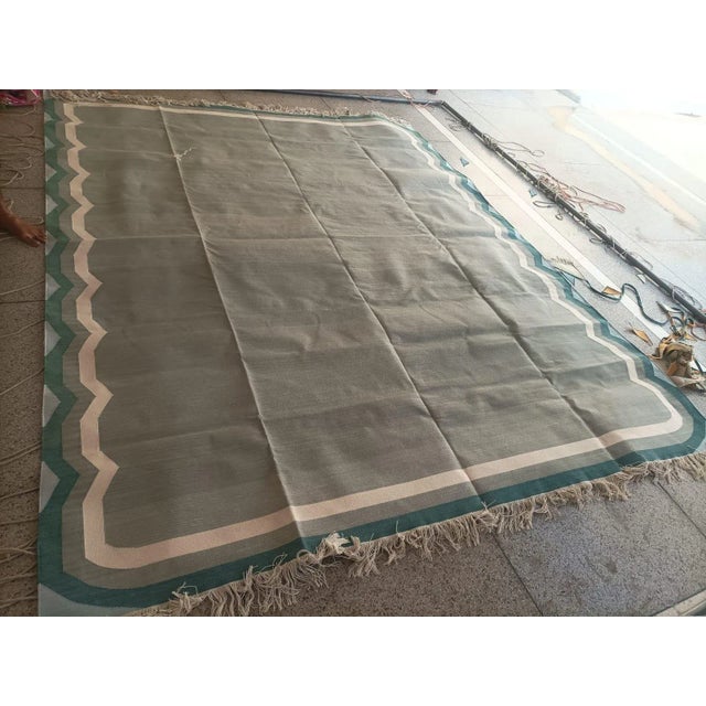 Handmade Cotton Scalloped Edge Rug, Light Grey, Cream & Teal Blue Border Dhurrie- 8'x10' For Sale - Image 12 of 12