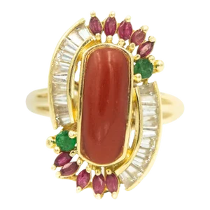 Coral Ruby Emerald and White Sapphire Yellow Gold Cocktail Ring size 7.75