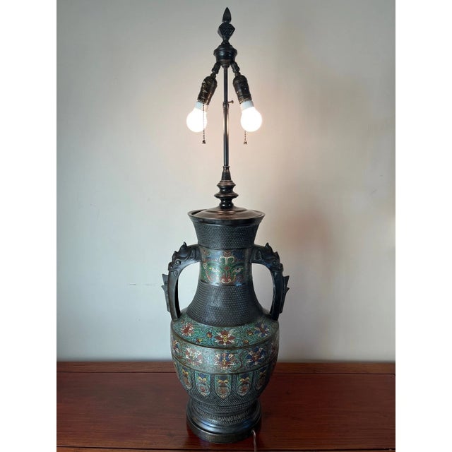 Large 42" Chinese CloisonnÃ© & Bronze Taotie Hu Vase Table Lamp For Sale - Image 11 of 15