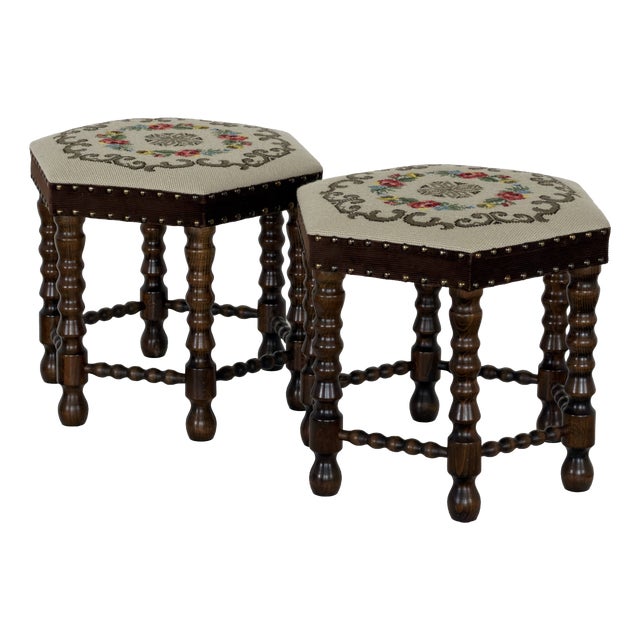 Scandinavian Modern Needlepoint Tapestry Stools with Bobbin-Turned Legs, 1950s For Sale