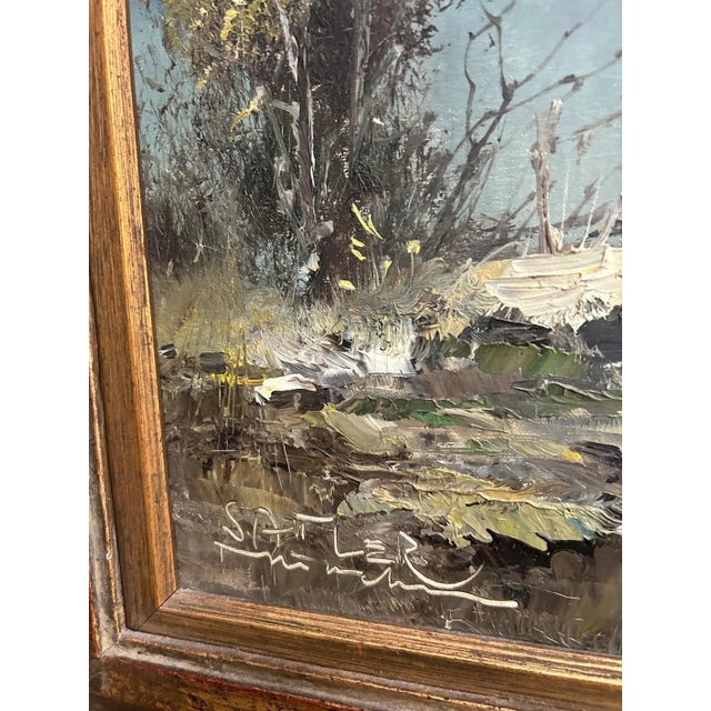 Vintage Oil Painting: Mountain Lake Scene in Gilded Frame For Sale - Image 4 of 8
